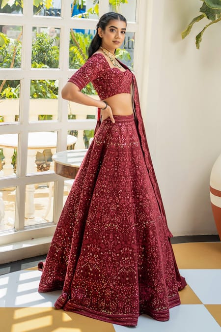 Shahmeen Husain_Maroon Georgette Embroidery, Sequins Sweetheart Chikankari Bridal Lehenga Set _Online_at_Aza_Fashions
