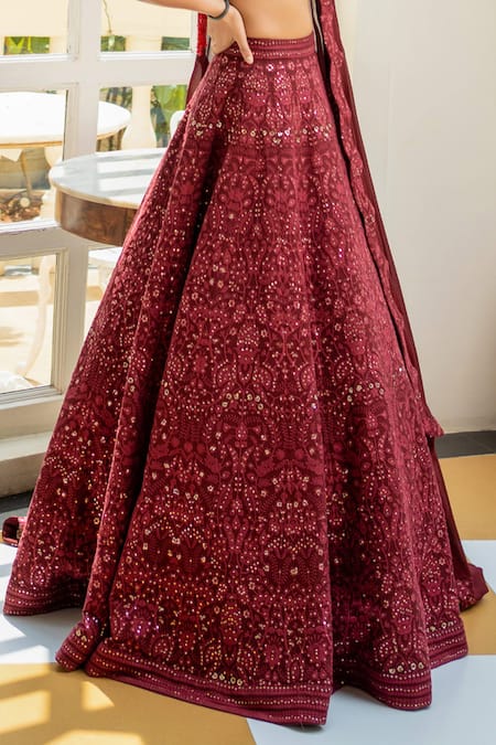 Buy_Shahmeen Husain_Maroon Georgette Embroidery, Sequins Sweetheart Chikankari Bridal Lehenga Set _Online_at_Aza_Fashions