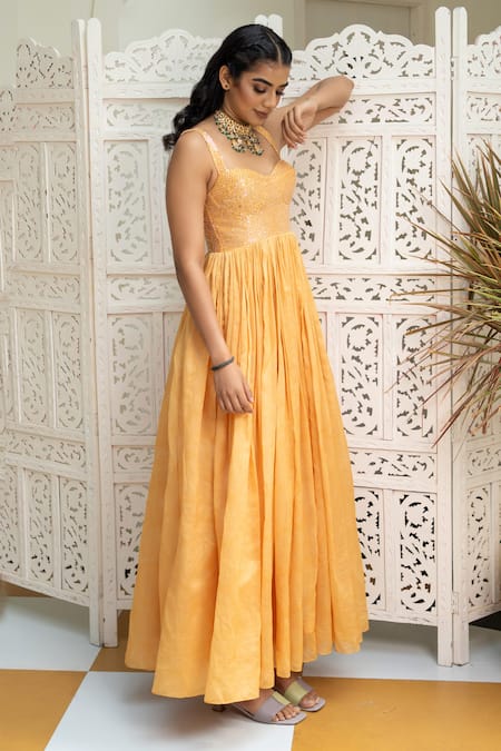 Yellow Designer Taffeta Silk Stich Gown With Silk Dupatta