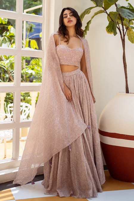 Shop_Shahmeen Husain_Pink Maheshwari Sequins Paisley Print Lehenga Set With Embellished Blouse_Online_at_Aza_Fashions