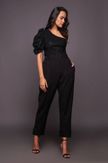 Shop_Deepika Arora_Black Polyester Sequins One Shoulder Bodysuit And Pant Set_Online_at_Aza_Fashions