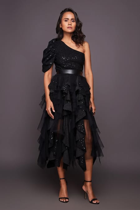 Deepika Arora Black Ponte Roma Embroidered Sequin Work One Bodysuit And Ruffle Skirt Set 