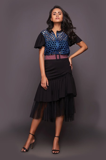 Deepika Arora - Multi Color Roma Cut Work Pattern Round Collar Top And  Ruffle Skirt Set For Women