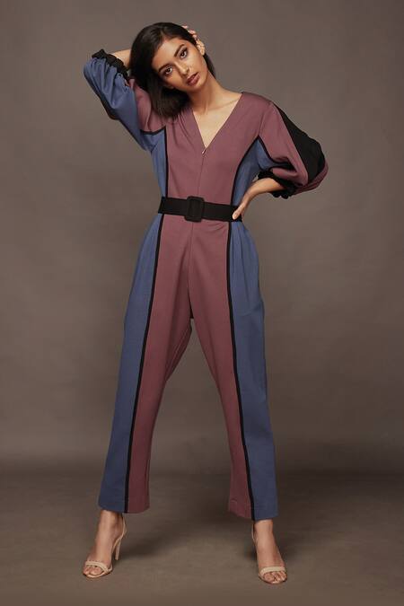 Buy Wine Roma V Neck Color Block Puff Sleeve Jumpsuit For Women by