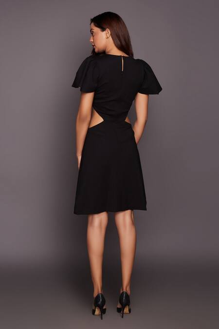 Shop Deepika Arora Black Polyester Bows Round Neck Front Cut-out Dress With Tie-up Belt at Aza Fashions Shop_Deepika Arora_Black Polyester Bows Round Neck Front Cut-out Dress With Tie-up Belt_at_Aza_Fashions