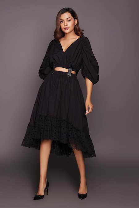 Deepika Arora Black 100% Cotton Plain V Neck Puff Sleeve Top And Skirt Set 