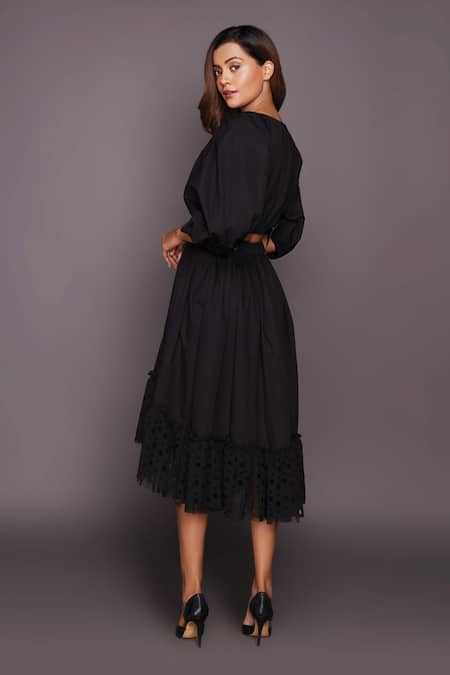 Shop Deepika Arora Black Cotton Embroidery V-neck Puff Sleeve Top And Skirt Set at Aza Fashions Shop_Deepika Arora_Black Cotton Embroidery V-neck Puff Sleeve Top And Skirt Set_at_Aza_Fashions