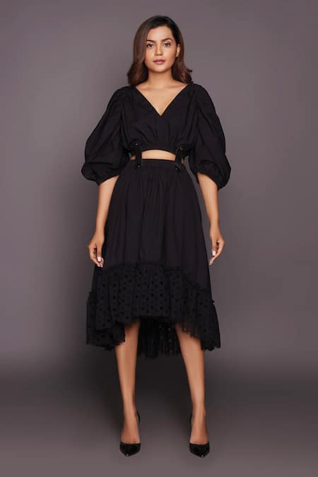 Deepika Arora Black Cotton Embroidery V-neck Puff Sleeve Top And Skirt Set Online at Aza Fashions Deepika Arora_Black Cotton Embroidery V-neck Puff Sleeve Top And Skirt Set_Online_at_Aza_Fashions