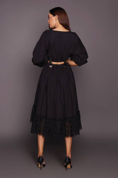 Buy Deepika Arora Black Cotton Embroidery V-neck Puff Sleeve Top And Skirt Set Online at Aza Fashions Buy_Deepika Arora_Black Cotton Embroidery V-neck Puff Sleeve Top And Skirt Set_Online_at_Aza_Fashions