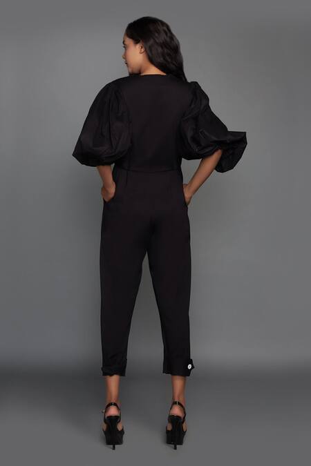 Buy Black Ponte Roma V Neck Oversized Sleeve Jumpsuit With Belt