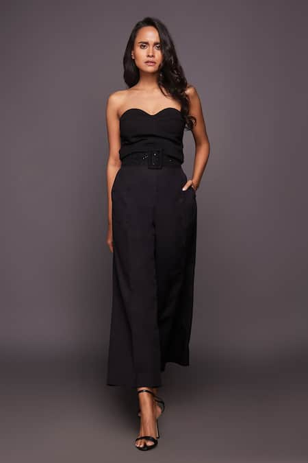 Deepika Arora Black Ponte Roma Embroidered Sequins Solid Corset Top And Pant Set 