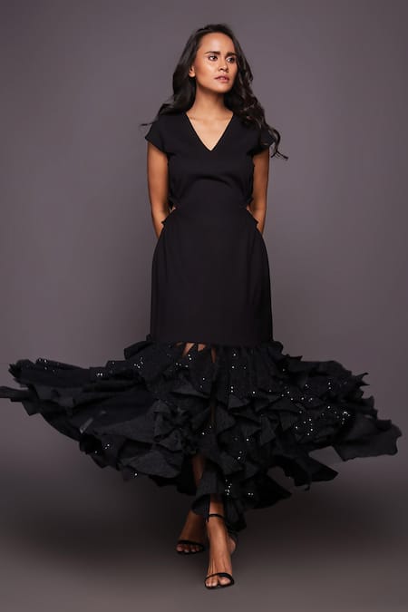 Deepika Arora_Black Polyester Sequins V-neck Embroidered Ruffle Dress_Online_at_Aza_Fashions
