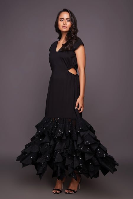 Buy_Deepika Arora_Black Polyester Sequins V-neck Embroidered Ruffle Dress_Online_at_Aza_Fashions