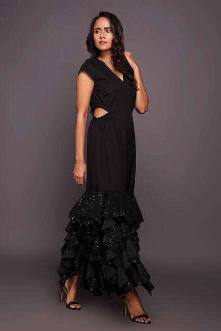 Shop_Deepika Arora_Black Polyester Sequins V-neck Embroidered Ruffle Dress_Online_at_Aza_Fashions