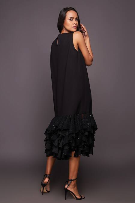 Shop Deepika Arora Black Polyester Sequins Round Neck Embroidered Ruffle Shift Dress at Aza Fashions Shop_Deepika Arora_Black Polyester Sequins Round Neck Embroidered Ruffle Shift Dress_at_Aza_Fashions