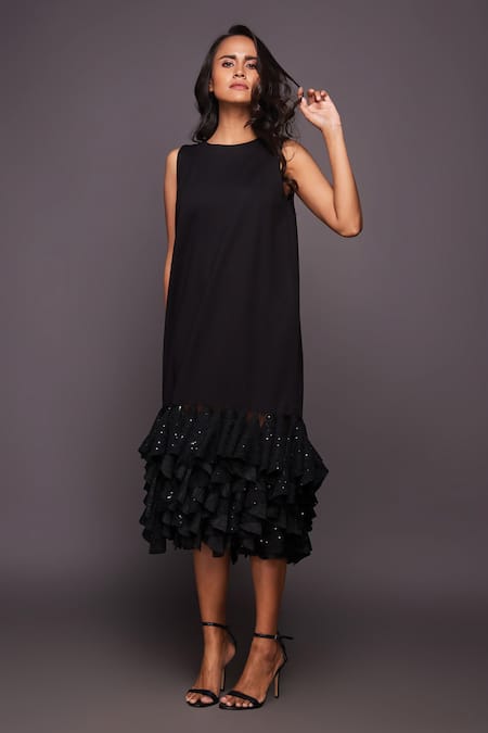 Deepika Arora Black Polyester Sequins Round Neck Embroidered Ruffle Shift Dress Online at Aza Fashions Deepika Arora_Black Polyester Sequins Round Neck Embroidered Ruffle Shift Dress_Online_at_Aza_Fashions