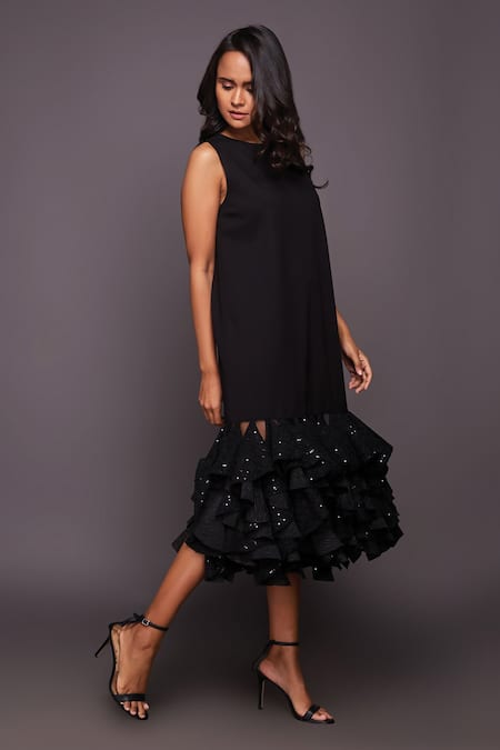 Buy Deepika Arora Black Polyester Sequins Round Neck Embroidered Ruffle Shift Dress Online at Aza Fashions Buy_Deepika Arora_Black Polyester Sequins Round Neck Embroidered Ruffle Shift Dress_Online_at_Aza_Fashions