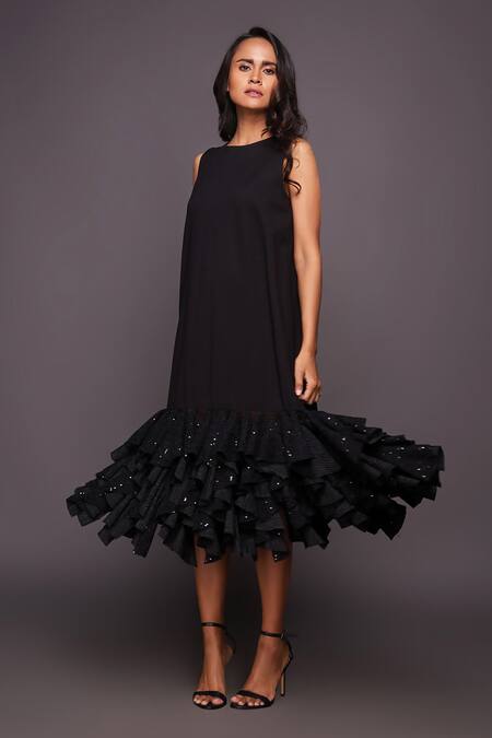 Shop Deepika Arora Black Polyester Sequins Round Neck Embroidered Ruffle Shift Dress Online at Aza Fashions Shop_Deepika Arora_Black Polyester Sequins Round Neck Embroidered Ruffle Shift Dress_Online_at_Aza_Fashions