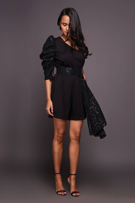 Deepika Arora Black Polyester Embroidery, Sequins One Shoulder Playsuit With Belt Online at Aza Fashions Deepika Arora_Black Polyester Embroidery, Sequins One Shoulder Playsuit With Belt_Online_at_Aza_Fashions
