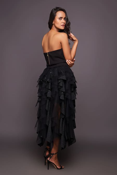 Shop Deepika Arora Black Polyester Sequins Sweetheart Corset Top And Embroidered Ruffle Skirt Set at Aza Fashions Shop_Deepika Arora_Black Polyester Sequins Sweetheart Corset Top And Embroidered Ruffle Skirt Set_at_Aza_Fashions