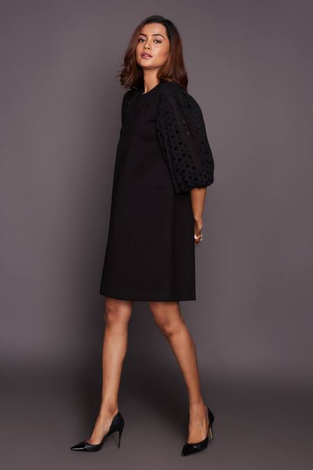 Deepika Arora_Black Georgette, Poplin Cut Work Round Neck Sleeve Shirt Dress_Online_at_Aza_Fashions
