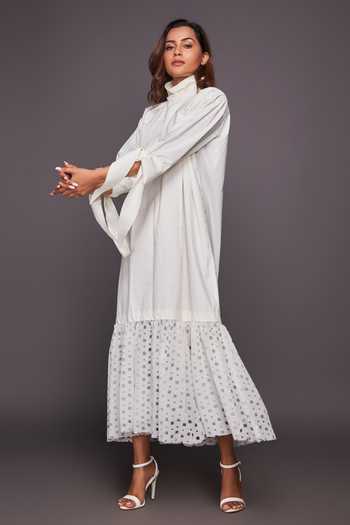 Deepika Arora_White Cotton Cut Work Turtle Neck Dress_Online_at_Aza_Fashions