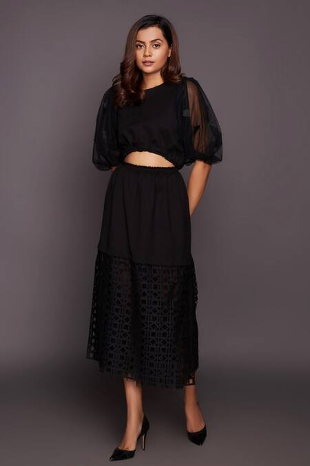 Buy_Deepika Arora_Black Polyester Round Neck Puffed Sleeve Cutwork Midi Dress_Online_at_Aza_Fashions