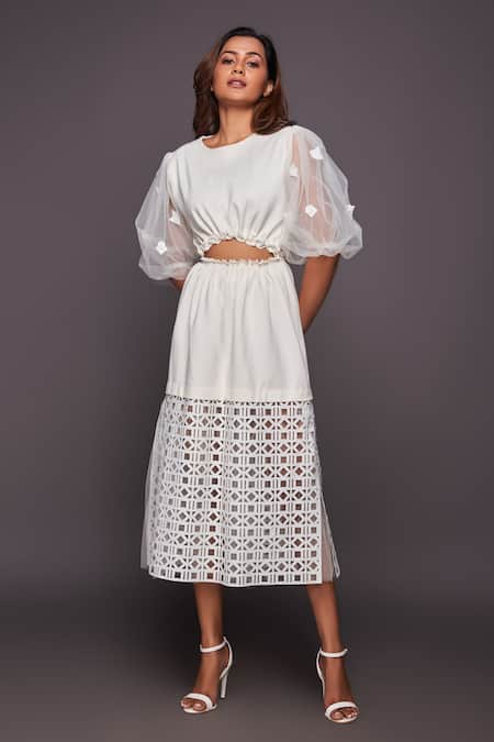 Buy White Ponte Roma Round Cutwork Midi Dress For Women by Deepika ...