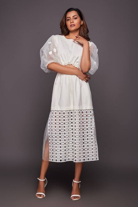 Deepika Arora_White Polyester Cut Work Round Neck Midi Dress_Online_at_Aza_Fashions