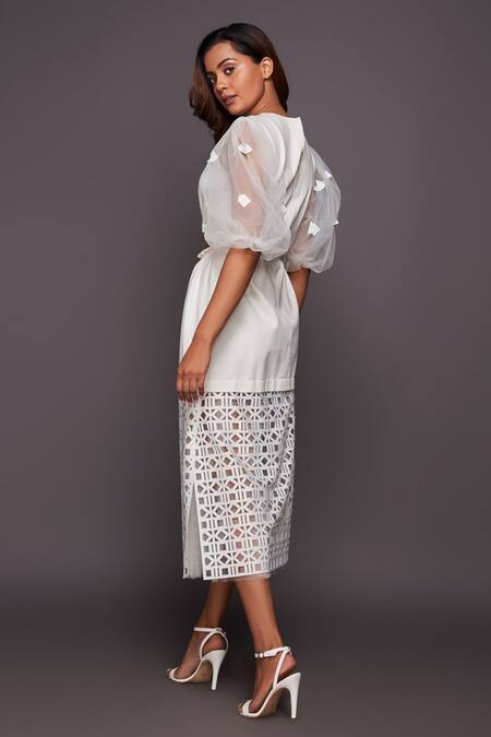 Buy_Deepika Arora_White Polyester Cut Work Round Neck Midi Dress_Online_at_Aza_Fashions