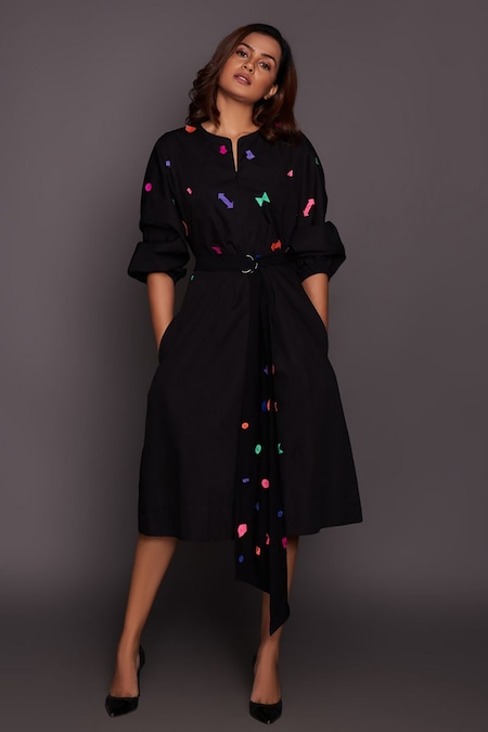 Deepika Arora Black Cotton Round Neck Tapered Waist Dress With Belt 