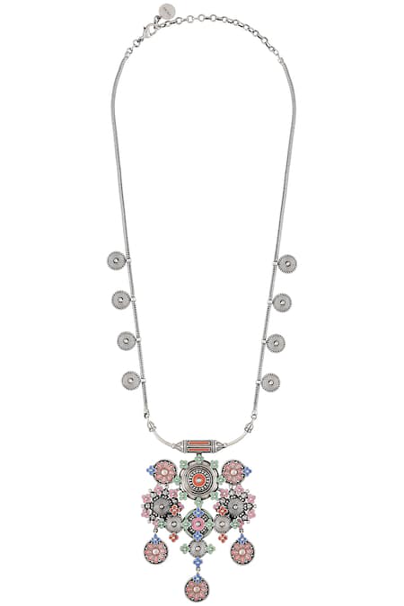 Shop Tribe Amrapali Silver Plated Enamel Coin Taveez Necklace at Aza Fashions Shop_Tribe Amrapali_Silver Plated Enamel Coin Taveez Necklace _at_Aza_Fashions