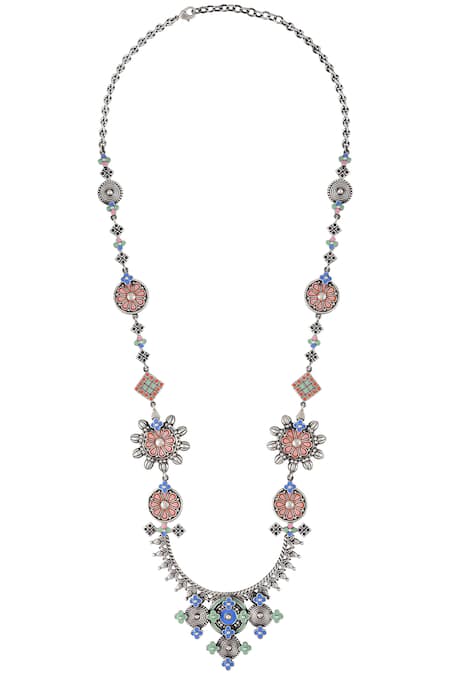 Tribe Amrapali Oxidized Silver Enamel Long Necklace 