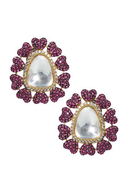 Shop_Tizora_Red Diamonds, Stones Kundan Stud Earrings _at_Aza_Fashions