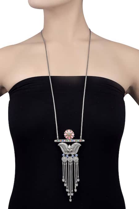 Tribe Amrapali Silver Plated Enamel Floral Tassel Long Necklace