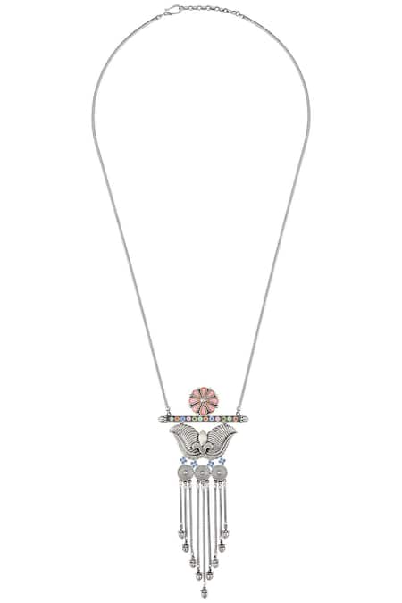 Shop Tribe Amrapali Silver Plated Enamel Floral Tassel Long Necklace at Aza Fashions Shop_Tribe Amrapali_Silver Plated Enamel Floral Tassel Long Necklace _at_Aza_Fashions