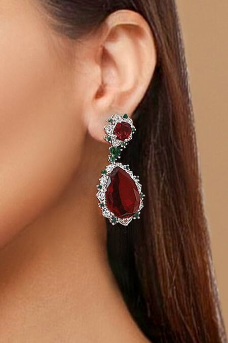 Tizora Red Stones Embellished Cocktail Earrings 