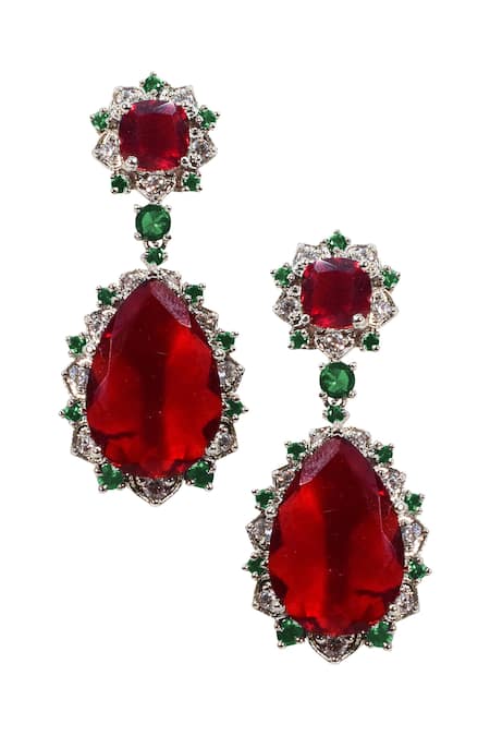 Shop Tizora Red Stones Embellished Cocktail Earrings at Aza Fashions Shop_Tizora_Red Stones Embellished Cocktail Earrings _at_Aza_Fashions