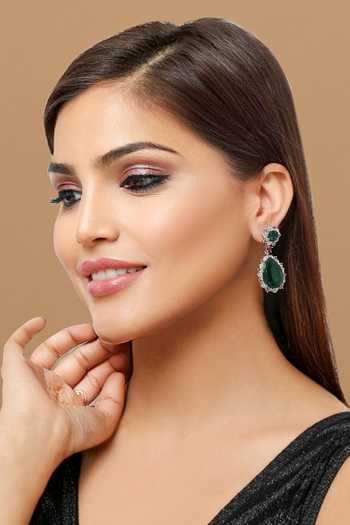 Buy_Tizora_Green Stone And Faux Diamonds Embellished Cocktail Earrings_Online_at_Aza_Fashions