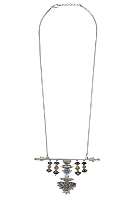 Shop Tribe Amrapali Silver Plated Enamel Tribal Pendant Necklace at Aza Fashions Shop_Tribe Amrapali_Silver Plated Enamel Tribal Pendant Necklace _at_Aza_Fashions