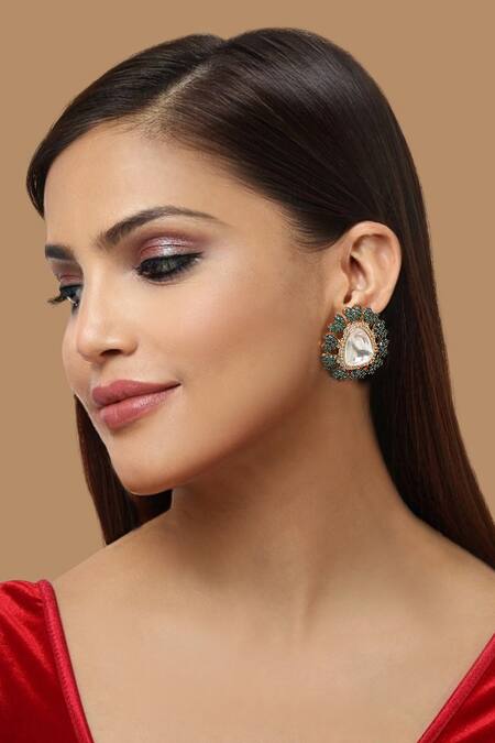 Buy Silver Plated Faux Diamond Naval Majesty Sapphire Stone Encrusted Studs  by Nayaab by Sonia Online at Aza Fashions.