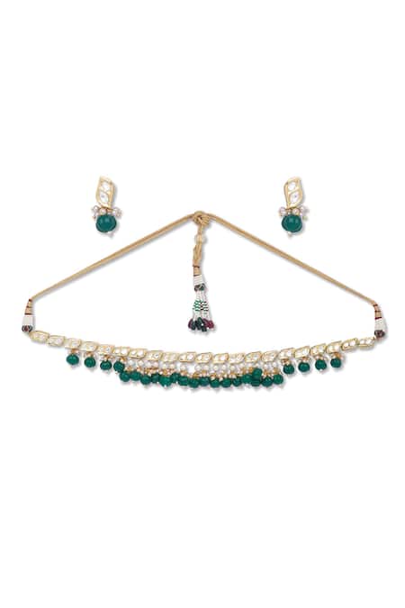 Shop HRISHA Gold Plated Kundan Polki And Onyx Necklace Set at Aza Fashions Shop_HRISHA_Gold Plated Kundan Polki And Onyx Necklace Set _at_Aza_Fashions