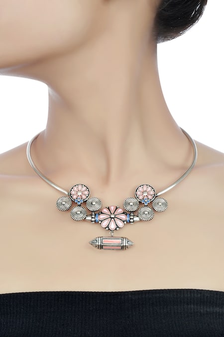 Tribe Amrapali Pink Enamel Floral Hasli Necklace 