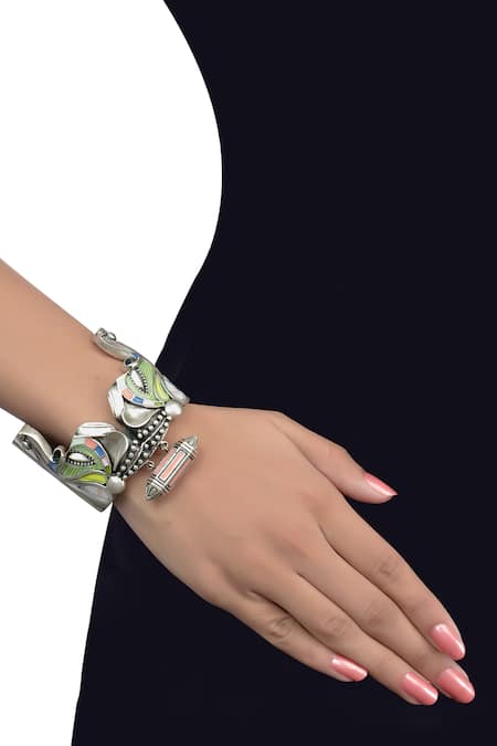 Tribe Amrapali Silver Plated Enamel Oxidized Cuff Bracelet