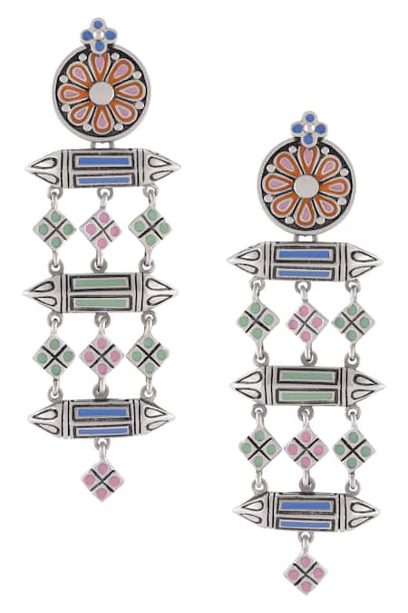 Shop Tribe Amrapali Silver Plated Enamel Rhombus Taveez Dangler Earrings at Aza Fashions Shop_Tribe Amrapali_Silver Plated Enamel Rhombus Taveez Dangler Earrings _at_Aza_Fashions