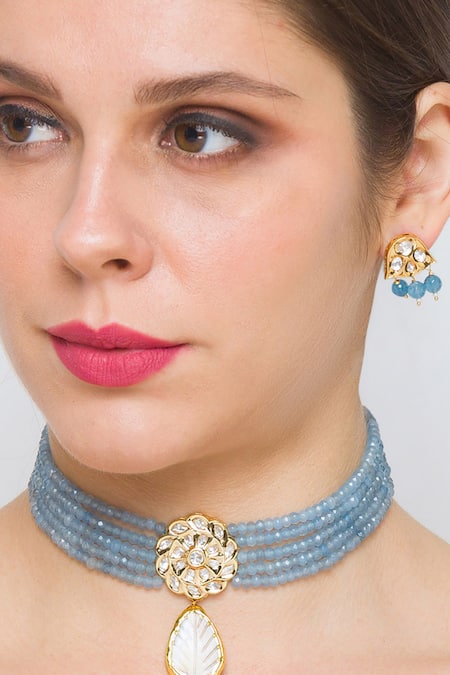 HRISHA Blue Kundan Polki Agates And Mother Of Pearl Necklace Set 
