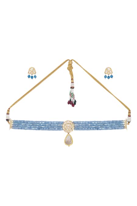 Shop HRISHA Blue Kundan Polki Agates And Mother Of Pearl Necklace Set at Aza Fashions Shop_HRISHA_Blue Kundan Polki Agates And Mother Of Pearl Necklace Set _at_Aza_Fashions