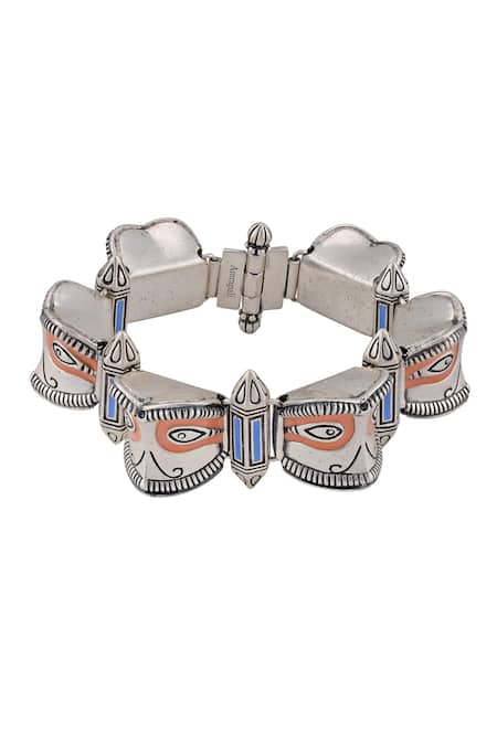 Shop Tribe Amrapali Blue Enamel Oxidised Silver Makra Bracelet at Aza Fashions Shop_Tribe Amrapali_Blue Enamel Oxidised Silver Makra Bracelet _at_Aza_Fashions