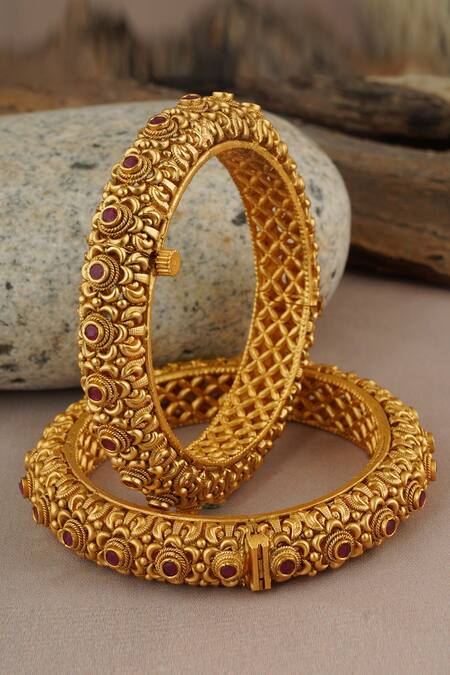 Shop_Smars Jewelry_Gold Plated Stones Floral Carved Bangles Set_at_Aza_Fashions