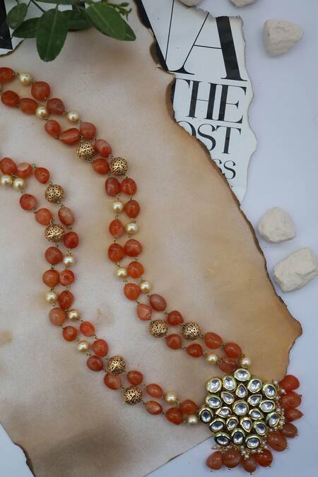 Shop Paisley Pop Gold Plated Stone Orange Kundan Pendant Necklace at Aza Fashions Shop_Paisley Pop_Gold Plated Stone Orange Kundan Pendant Necklace_at_Aza_Fashions